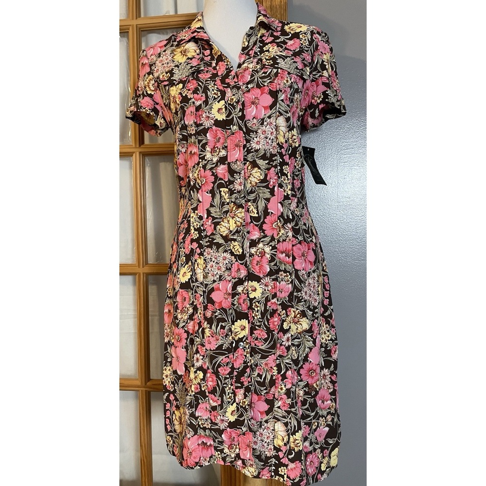 80s Boutique Floral Button Dress Sz S Pink Gray Yellow Short Sleeve Classic City